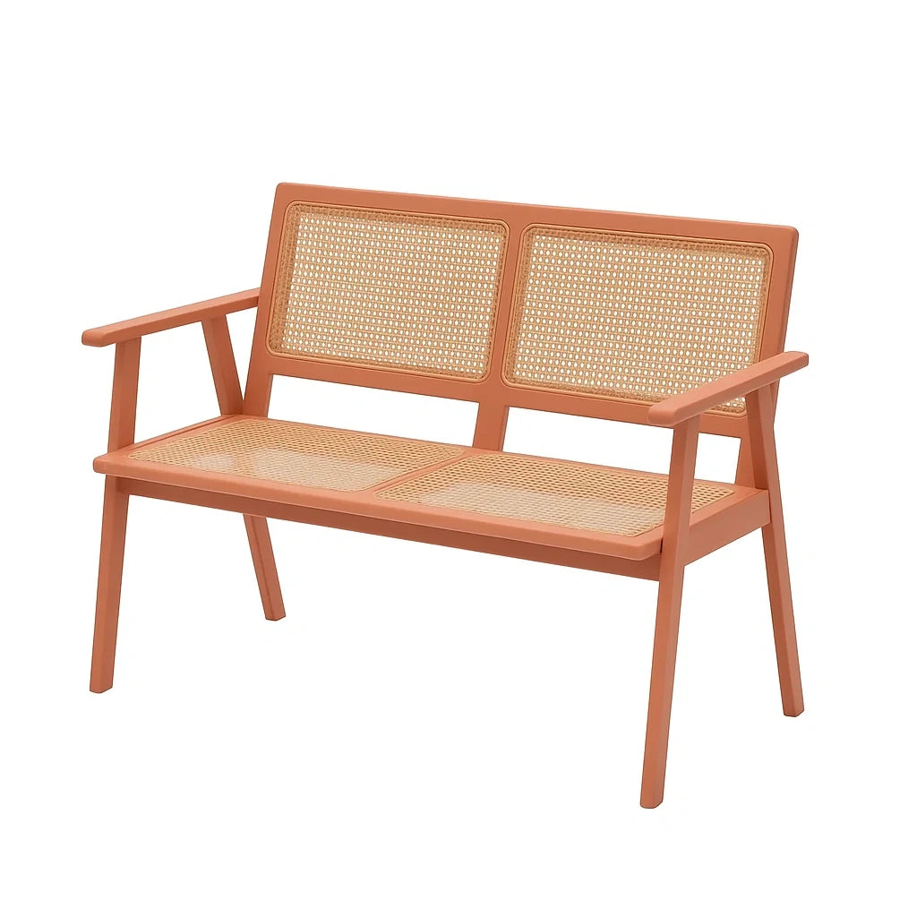 Holzbank mit Rattangeflecht Sitz und Rückenlehne, Orange, 120 cm