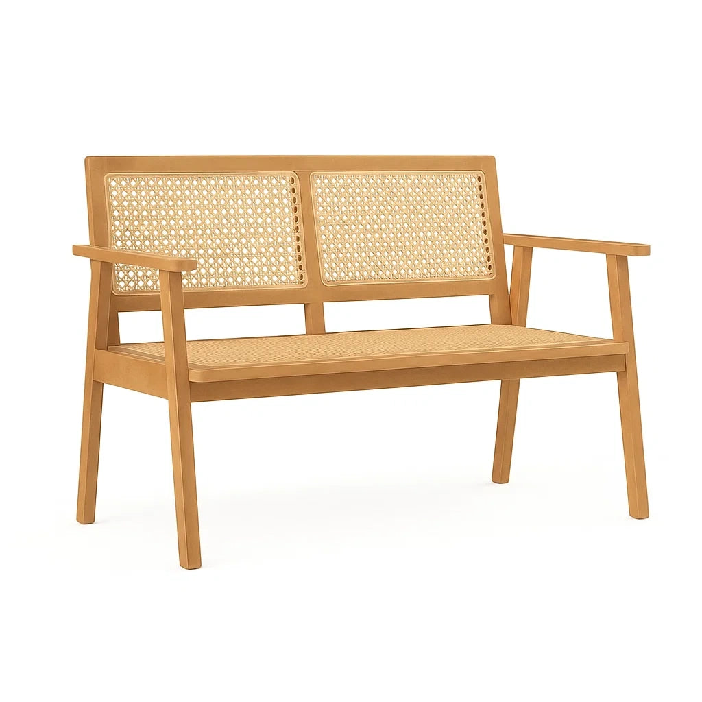 Holzbank mit Rattanrückenlehne und Sitzfläche